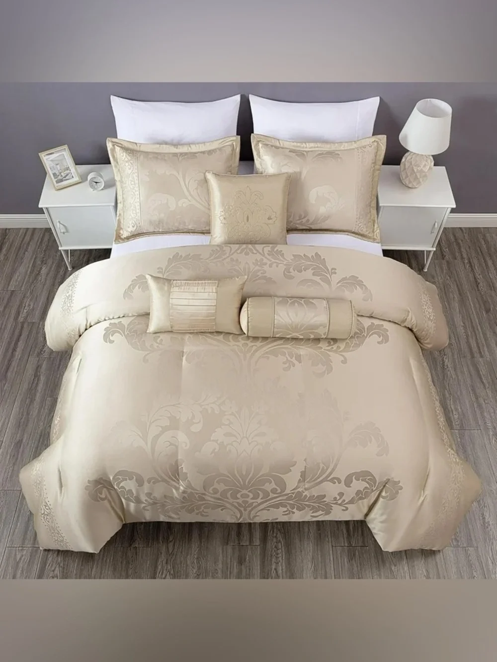 Beige Damask Oversized Queen 3 piece Comforter Set